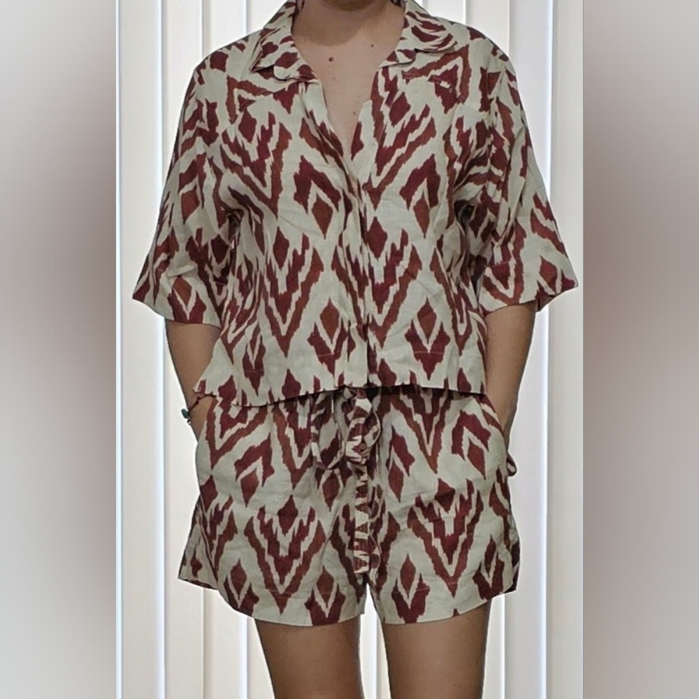 Pinkfilosofy Linen Vesta Cropped Button-Front Shirt and Drawstring Shorts Set ML